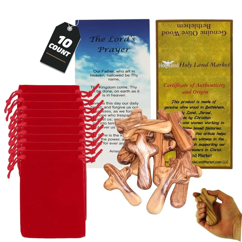 10 Croci in Legno d'Ulivo con Sacchetti Regalo (con Sacchetto in Velluto Rosso o Nero) da Betlemme