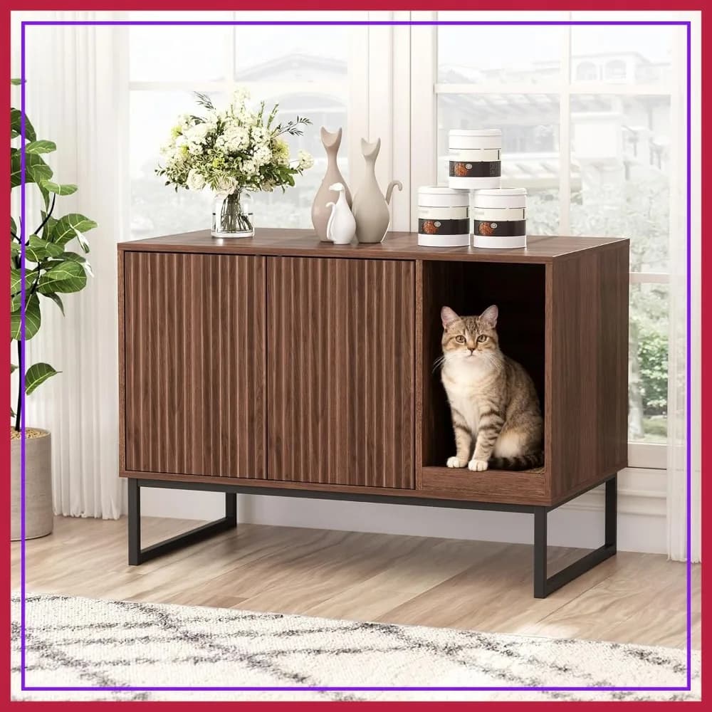 Lettiera Moderna per Gatti, Mobile Nascosto Scanalato con Tiragraffi e Gambe in Metallo, Cuccia per Animali Domestici da Interno 31.5x17.7x21.7, Noce
