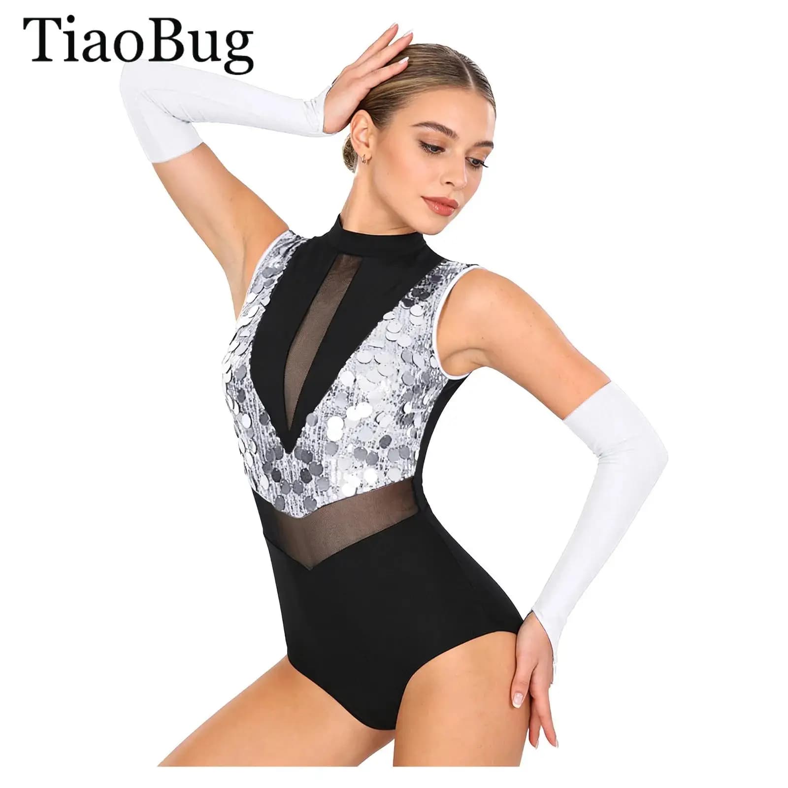 Body da Donna con Paillettes per Danza, Pattinaggio Artistico, Balletto, Ginnastica, Costume da Spettacolo, Tuta Intera Bicolore con Guanti
