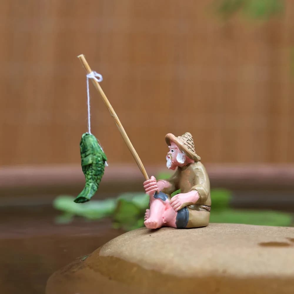 Mini ornamenti decorativi per la pesca Ornamenti paesaggistici con canna da pesca Decorazione per acquario Acquario per cartoni animati Fai da te