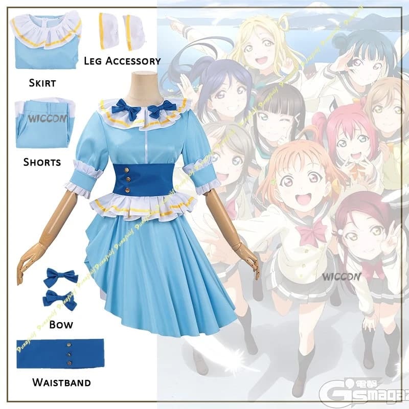 LoveLive! Cosplay Costumes Dress Blue Girls Cute Bow Waist Belt Glove Accessory Aqours Shorts Leg Ornament Christmas Halloween