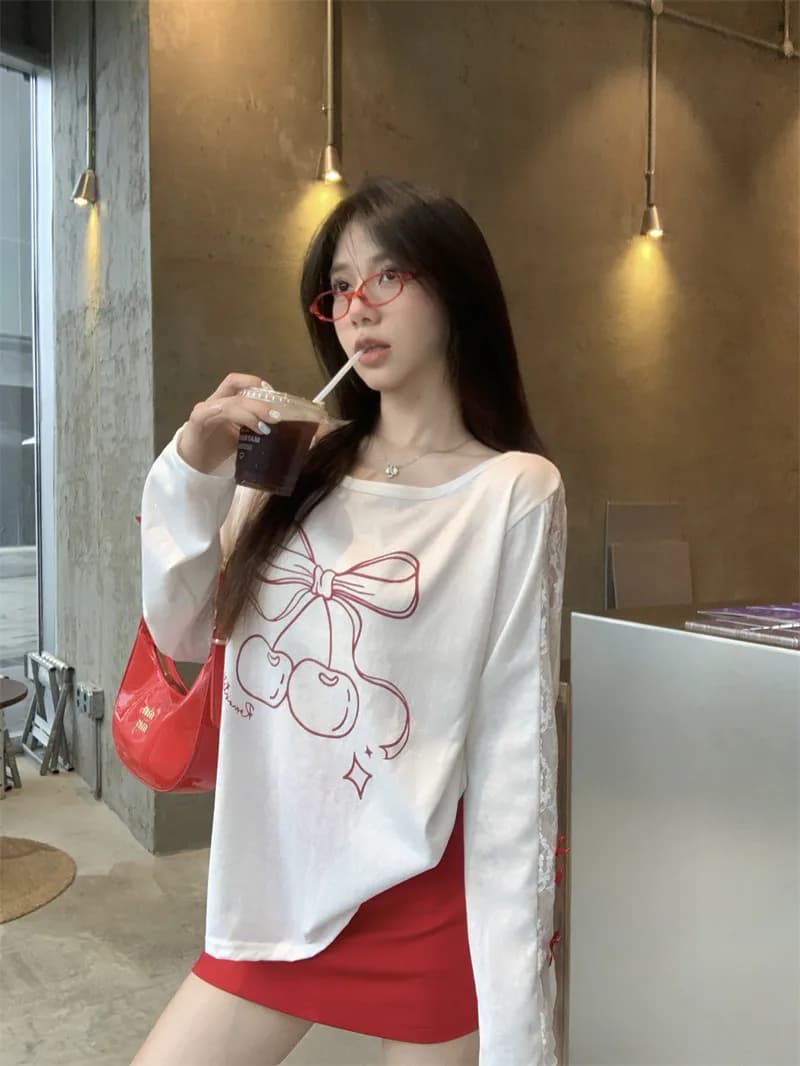 Korean Style Loose Fit Long Sleeve Lace Knot T-Shirt Women Summer Lazy Top Thin Splice Sunshade Shirt round Neck