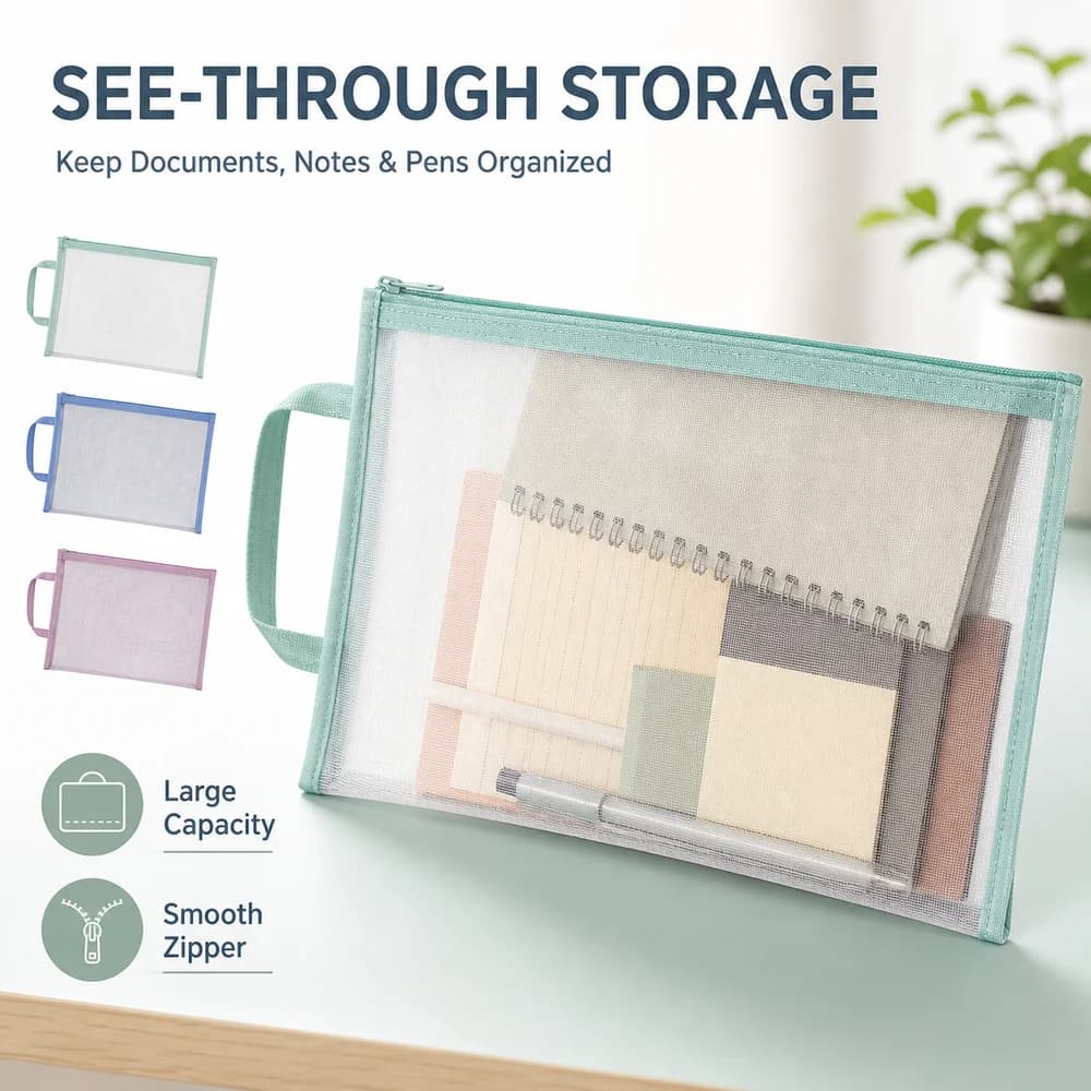 New Nylon Mesh Zip Bag A4 Zipper Closure Document Storage Bag Transparent Dust Resistant File Folders Document Organization