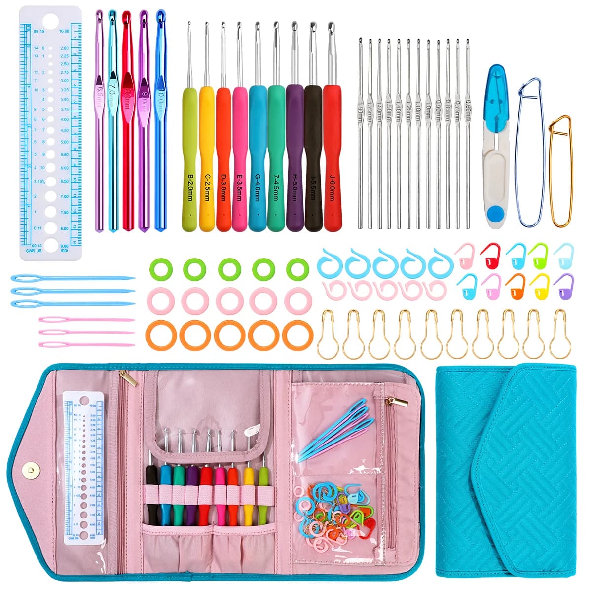 Aluminium Crochet Hooks Set Ergonomic Handle Knitting Needles Kit DIY Sewing Knitting Weaving Accessories Tools Set for Beginner