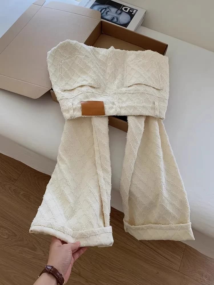Design Sensation Slimming Plaid White Straight Leg Jeans Women's Loose Wide Leg Floor Length Pants Spring 2026 Luxury Style