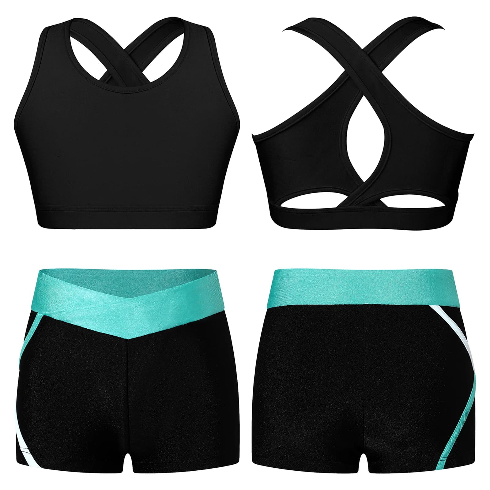Bambini Ragazze Ginnastica Allenamento Pratica Tuta Fitness 3 Pezzi Pattinaggio di Figura Reggiseno Top + Pantaloni Set Canotta Pantaloncini Leggings Pantaloni