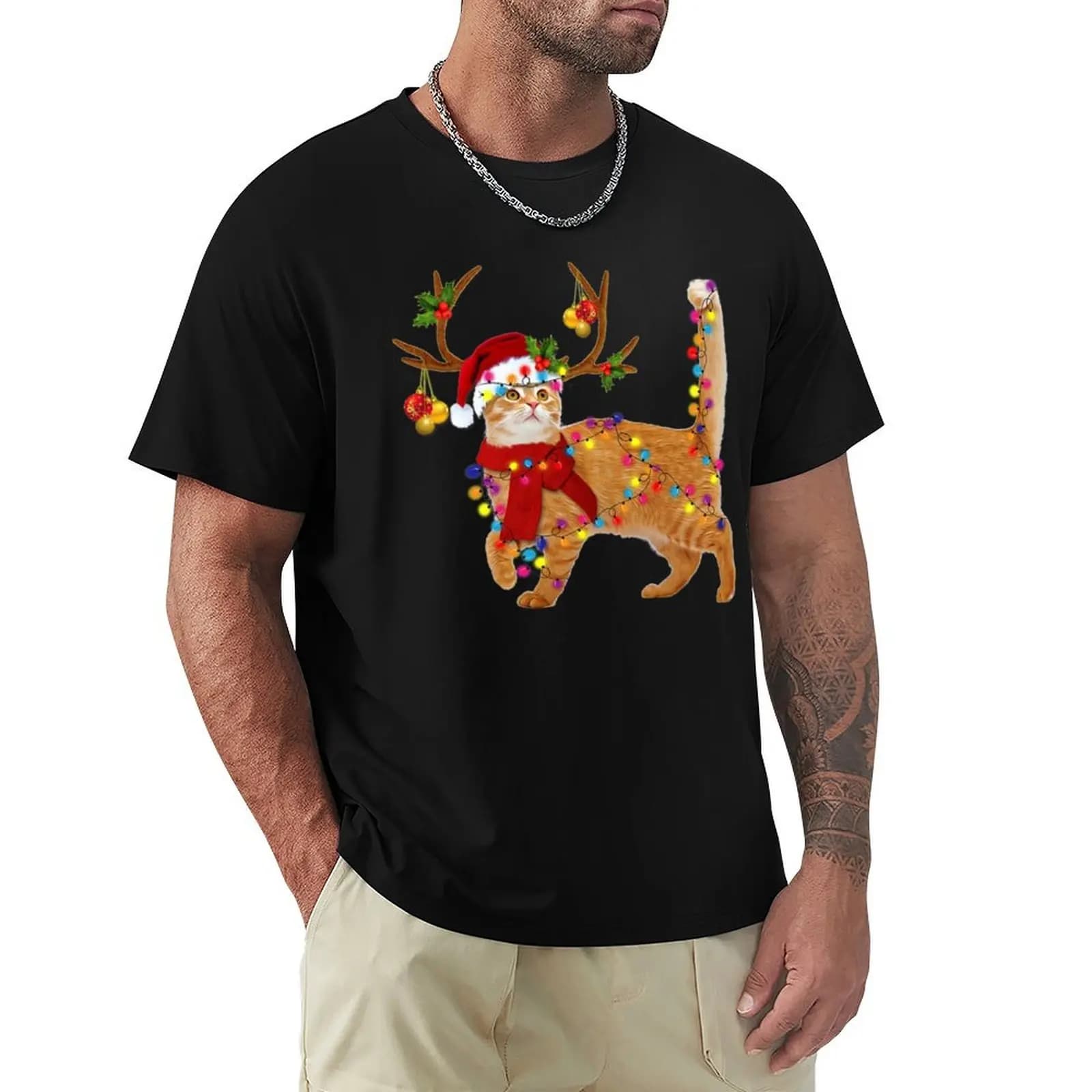 Cat Gorgeous Reindeer Christmas Lights Tree Cat Scarf Xmas Santa Claus T-Shirt Anti-Fade Casual Tee Shirt