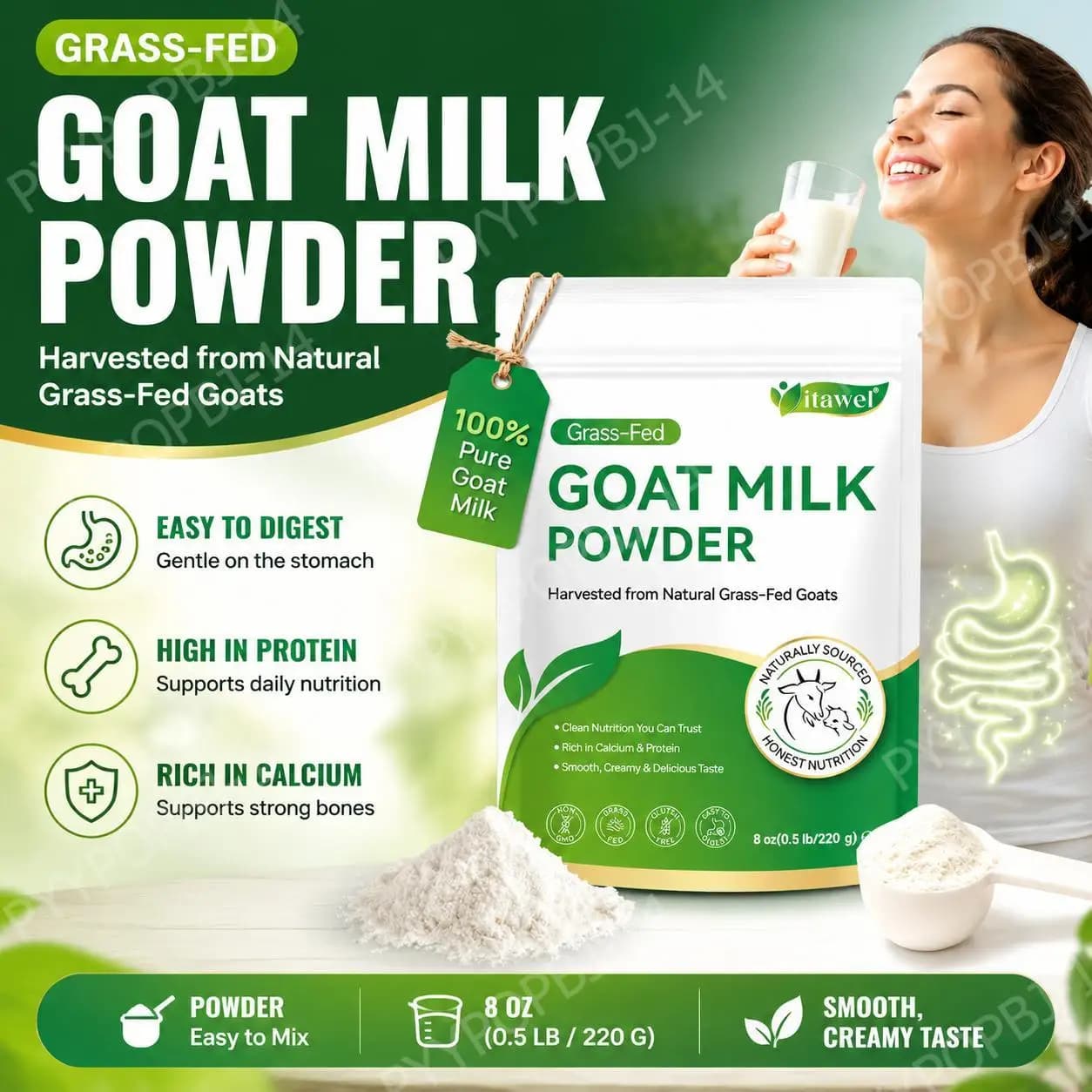 Itawel Goat Milk Powder for Mixing, Grass-Fed High Protein Calcium Source, Calcium Support, Easy To Digest, 32 Servings