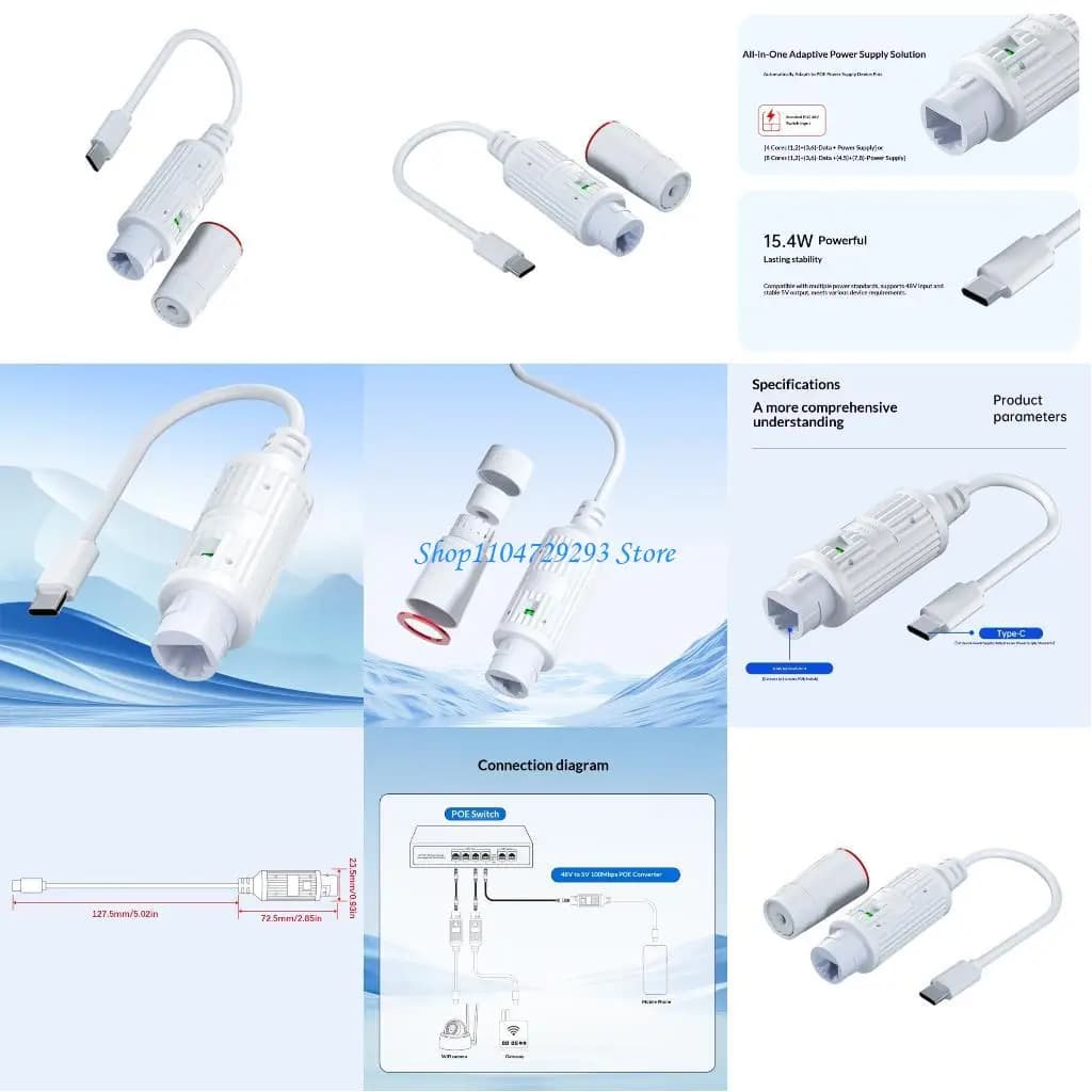 Y2GD Adattatore splitter POE efficiente da 48 V a 5 V tipo C compatibile per telecamere sicurezza Costruzione solida per