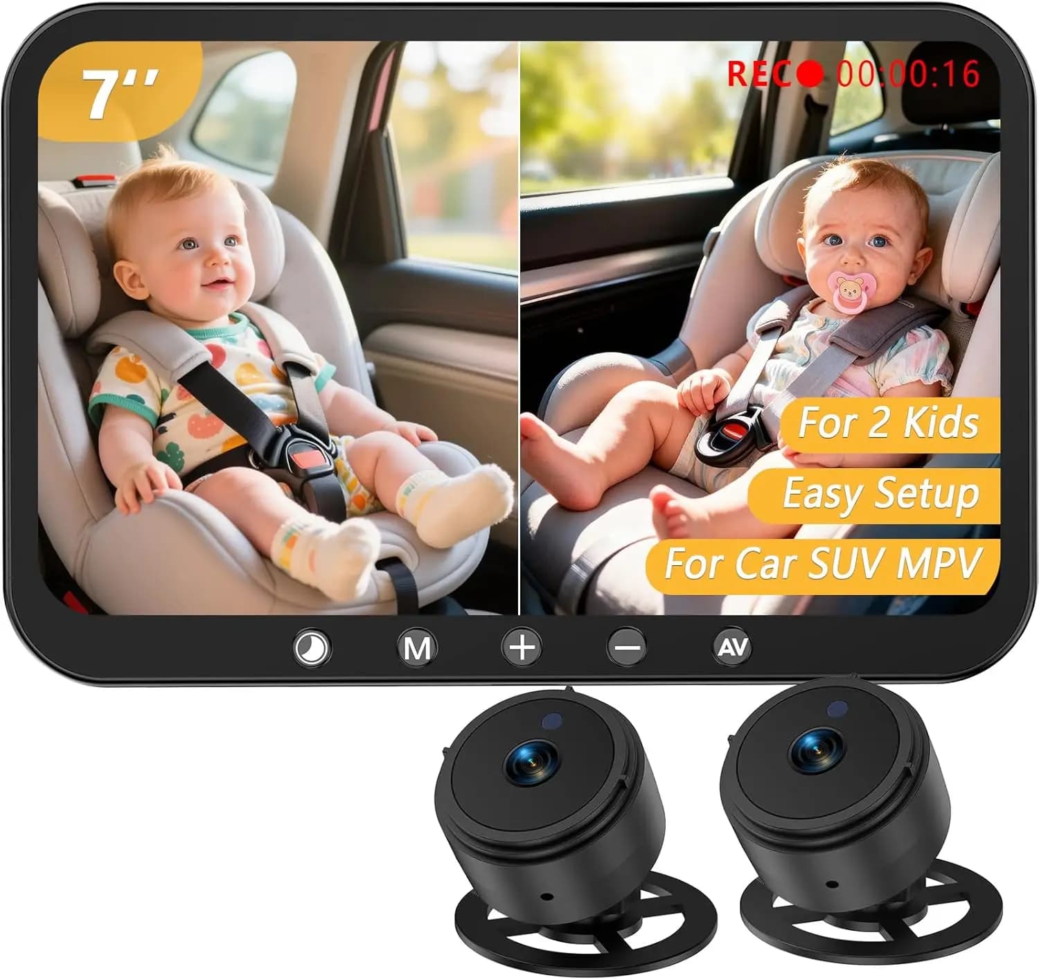 Telecamera per Auto per Gemelli da 7 Pollici 1080P: Monitor con Schermo Diviso, Registrazione, Alimentazione USB, Visione Notturna Nitida