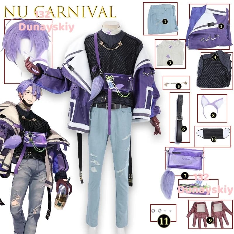 Kuya Cosplay Costume Full Set Nu Carnival Pants Outerwear Backpack Hoodie Gloves Ideal for Halloween Carnival Uniform
