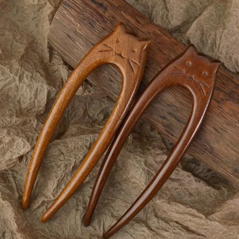 Bastoncini per capelli modello gatto cinese Forchette per capelli in legno a forma di U per donne Ragazze Hanfu Copricapo a forcina I colori possono variare