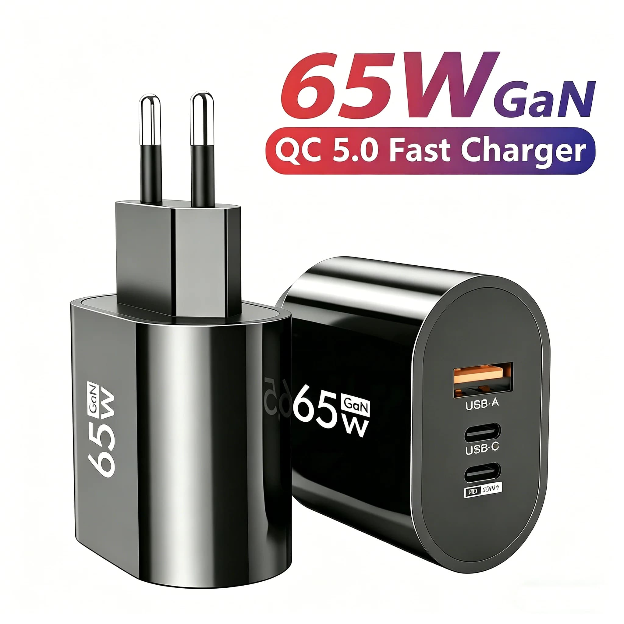 Caricabatterie da Muro GaN 65W a Ricarica Rapida per Telefoni Cellulari, Compatibile con iPhone, Xiaomi 17, Huawei, Samsung, POCO, USB Tipo C, Adattatore da Viaggio EU/US