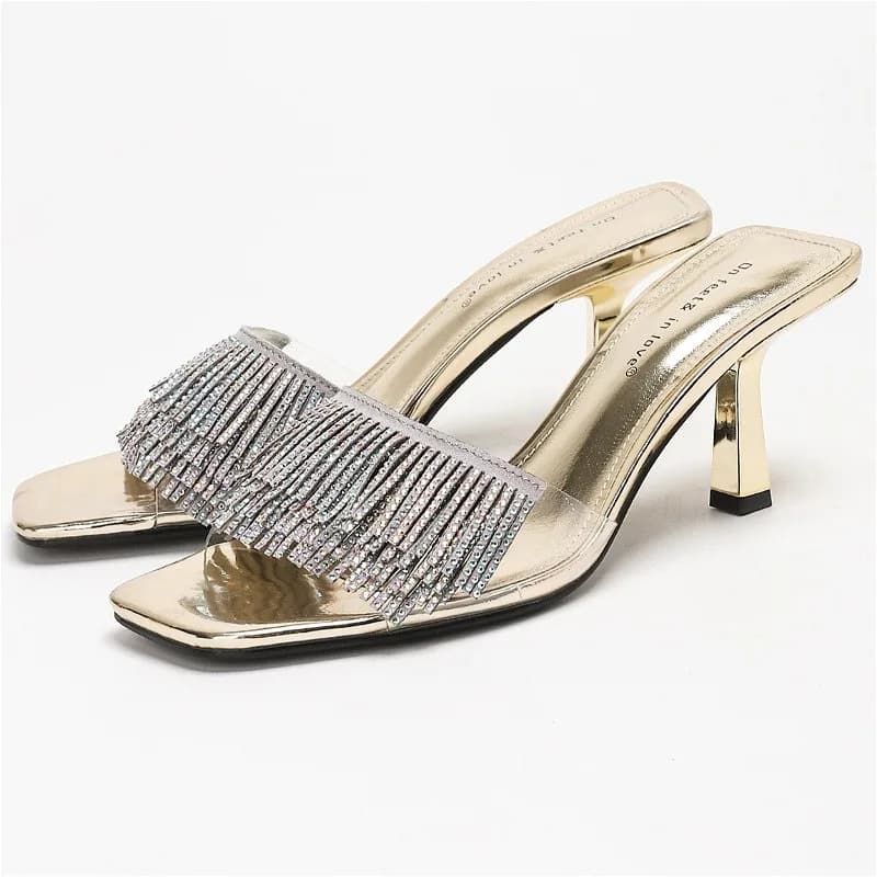 Pantofole con tacco con nappa con strass di lusso da donna in PVC 2026 Nuovo sandalo elegante con punta aperta femminile Designer sexy Tacchi alti da donna Presentazioni aziende produttrici giochi