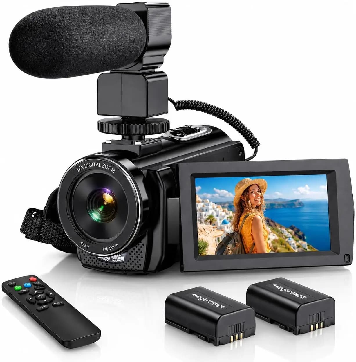 1080P 24MP Video Camera 3" 270° Rotating Screen 16X Zoom Vlogging Camcorder with Remote, Mic, 2 Batteries & Webcam