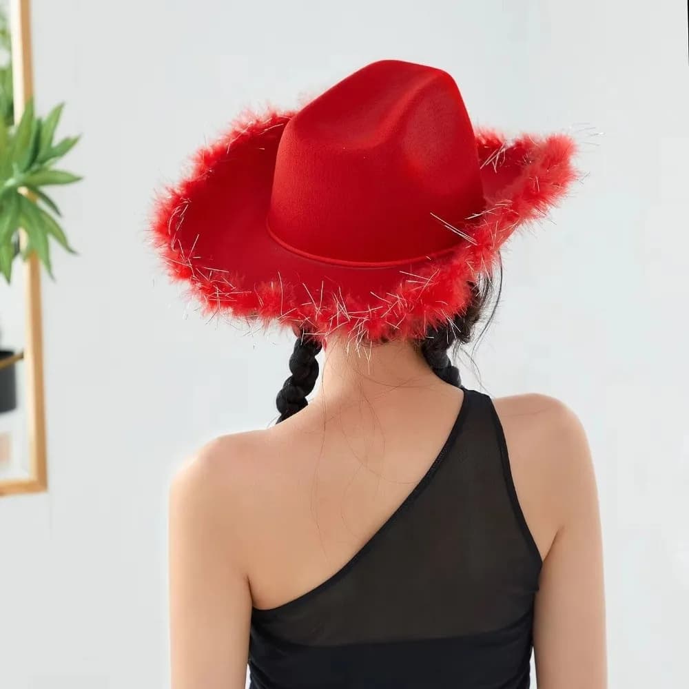 Classic Solid Color Western Cowboy Hat Wide Brim Furry Trim Jazz Hat Sunscreen Cap Cowgirl Hat Girl