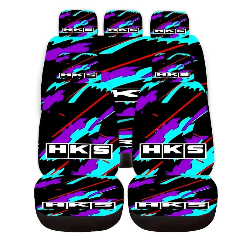 Front Row 2-Seat 4pcs Set/Full Car 5-Seat 9pcs Universal Seat Covers - "HKS" Printed Design, Premium Comfort & Durable Fit For C