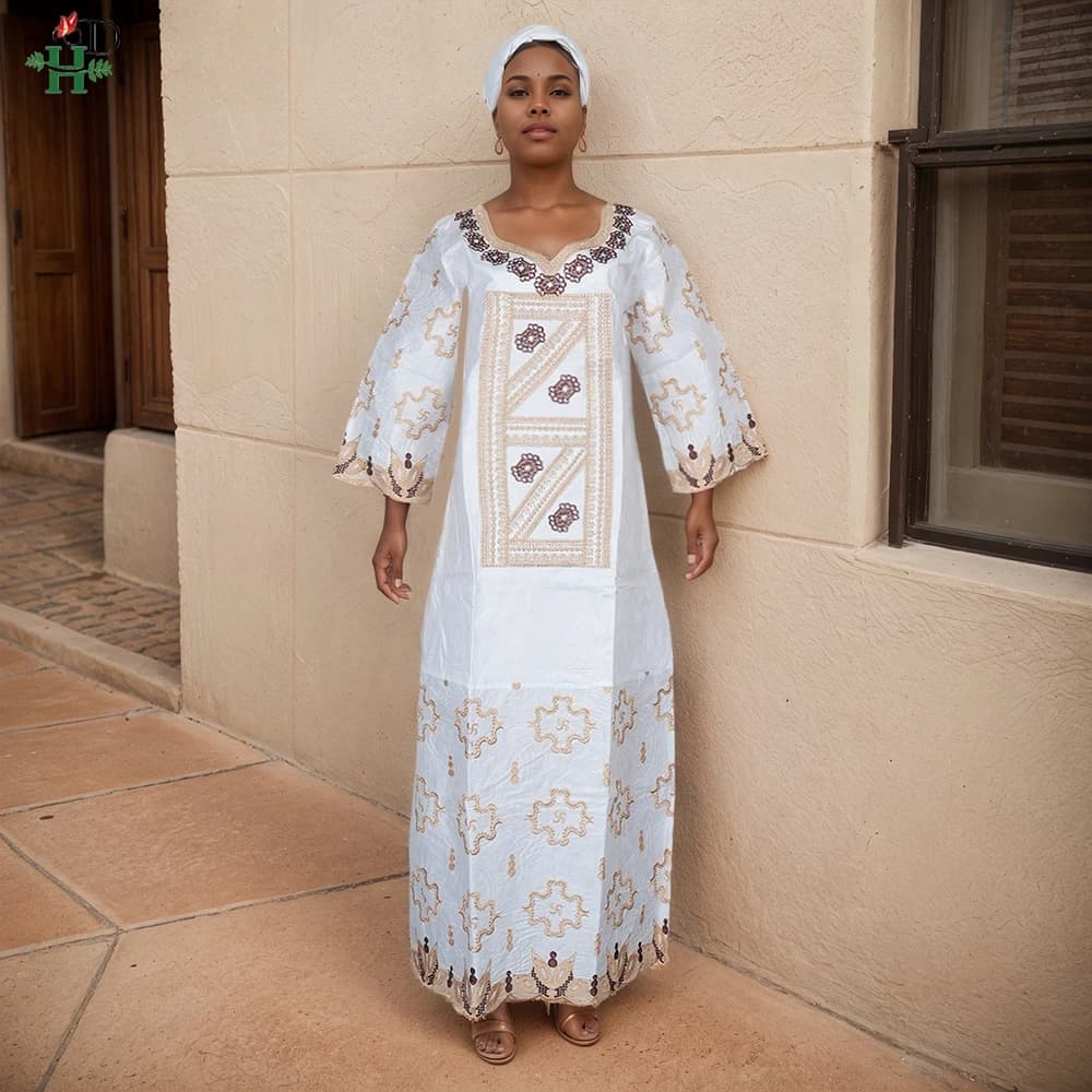 H&D New African Dresses white For Women Embroidery Bazin Floral Dresses Ankara Rich Long Robes Nigeria Party Wedding Ramadan
