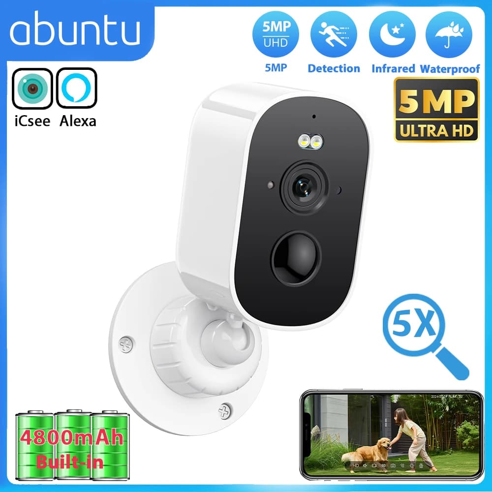 Telecamera Wifi wireless HD da 5 MP Batteria incorporata da 4800 mAh Telecamera di sorveglianza ICsee Zoom 5X Telecamera di sicurezza domestica in standby lungo 7 giorni