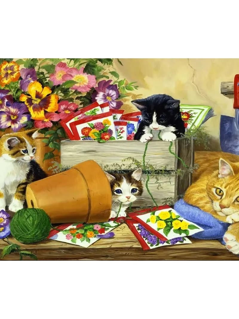 The Cat in The Bower Jigsaw Puzzle-Cute Kittens with Flowers&Seed Packets 500-2000pcs DIY Brain Teaser Home Decor Gift