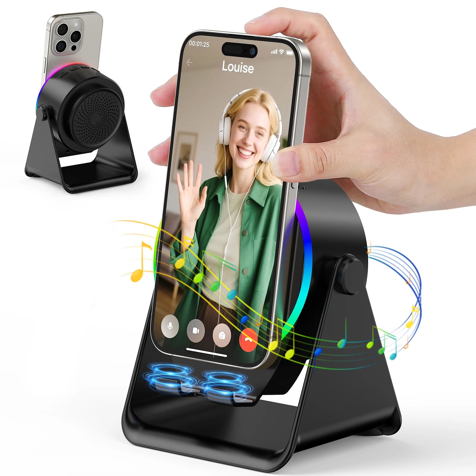 Wireless induction speaker: phone support with Bluetooth speaker 5 in1 with colored ambient light 360 ° Rotation Compatible with iPhone