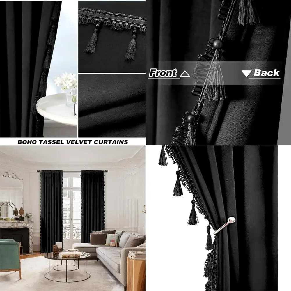 Tende Oscuranti in Velluto Nere Lunghe 213 cm con Nappe, Insonorizzanti e Termiche, Set da 2 Pannelli per Soggiorno, 132 x 213 cm