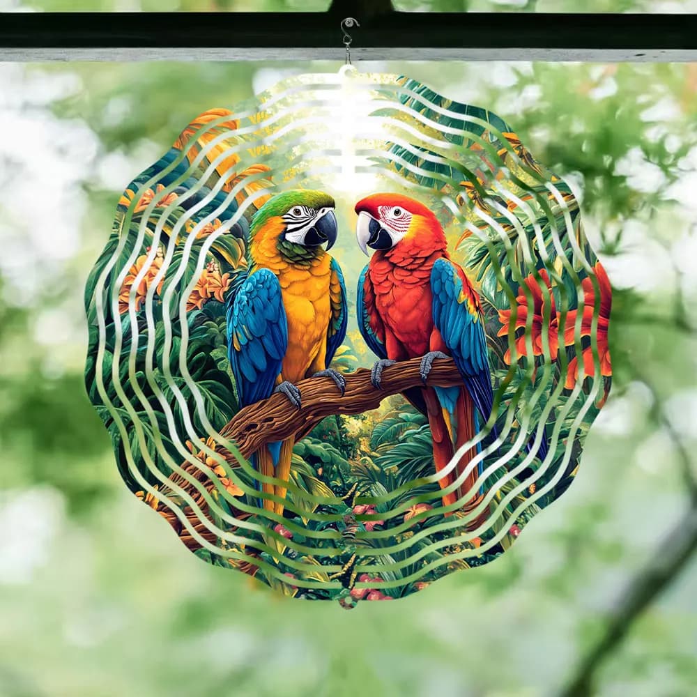 Swinging Wind Chime Garden Indoor and Outdoor Colorful Parrot-Themed Metal 3D Rotating Wind Chime