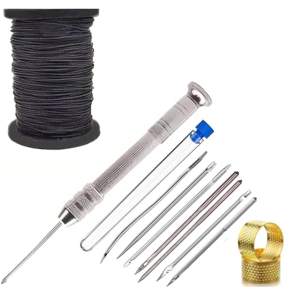 Set di Forbici e Puntine Multifunzione in Pelle per Cucito, Kit Professionale Fai-da-te per Riparazione Scarpe, con Filo in Nylon e Gancio Dritto
