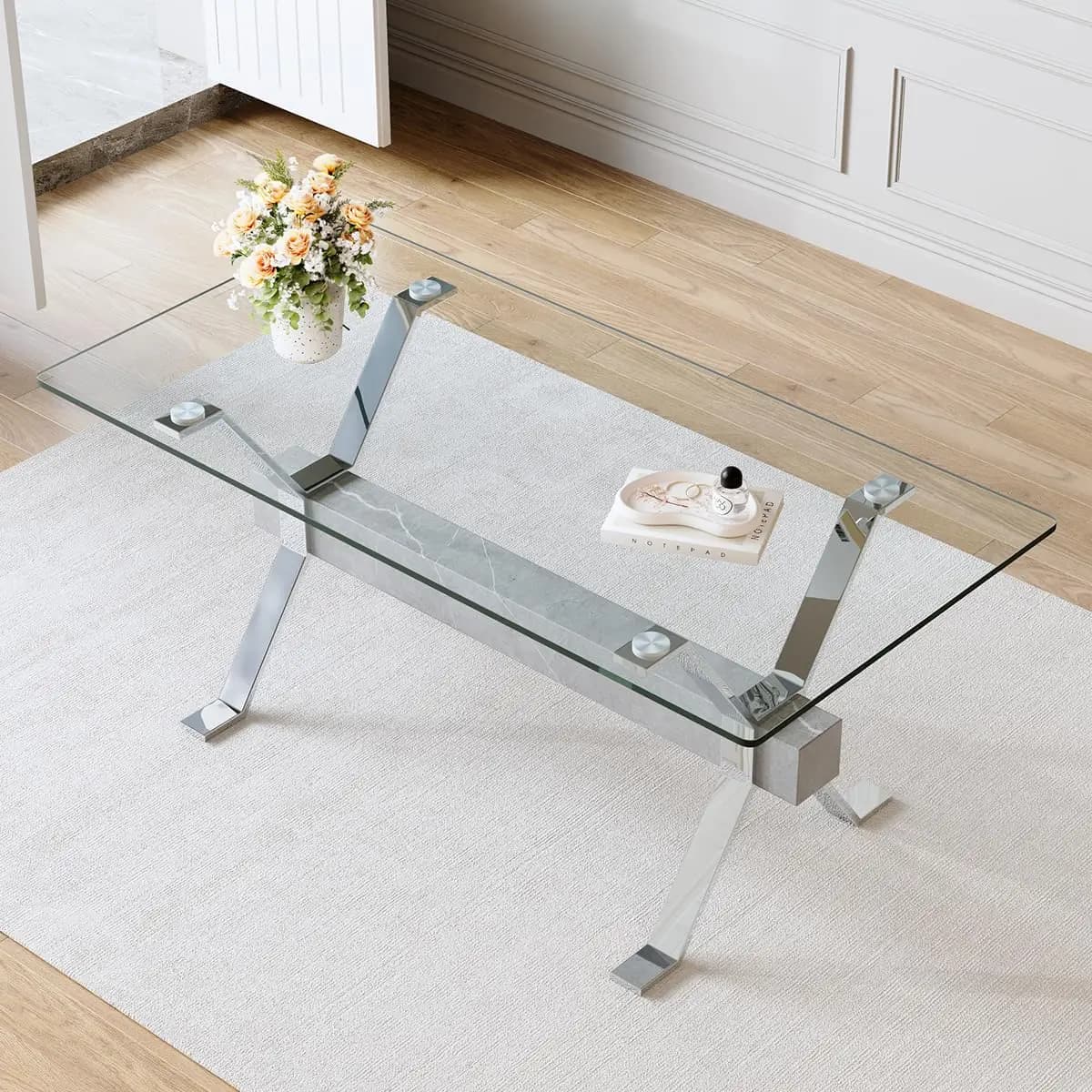 Tavolo da pranzo in vetro 71 pollici｜Tavolo da pranzo moderno per 6-8 persone｜Piano in vetro temperato spesso 0,4 pollici｜Gambe in metallo cromato argento｜Grigio, Personalizzabile