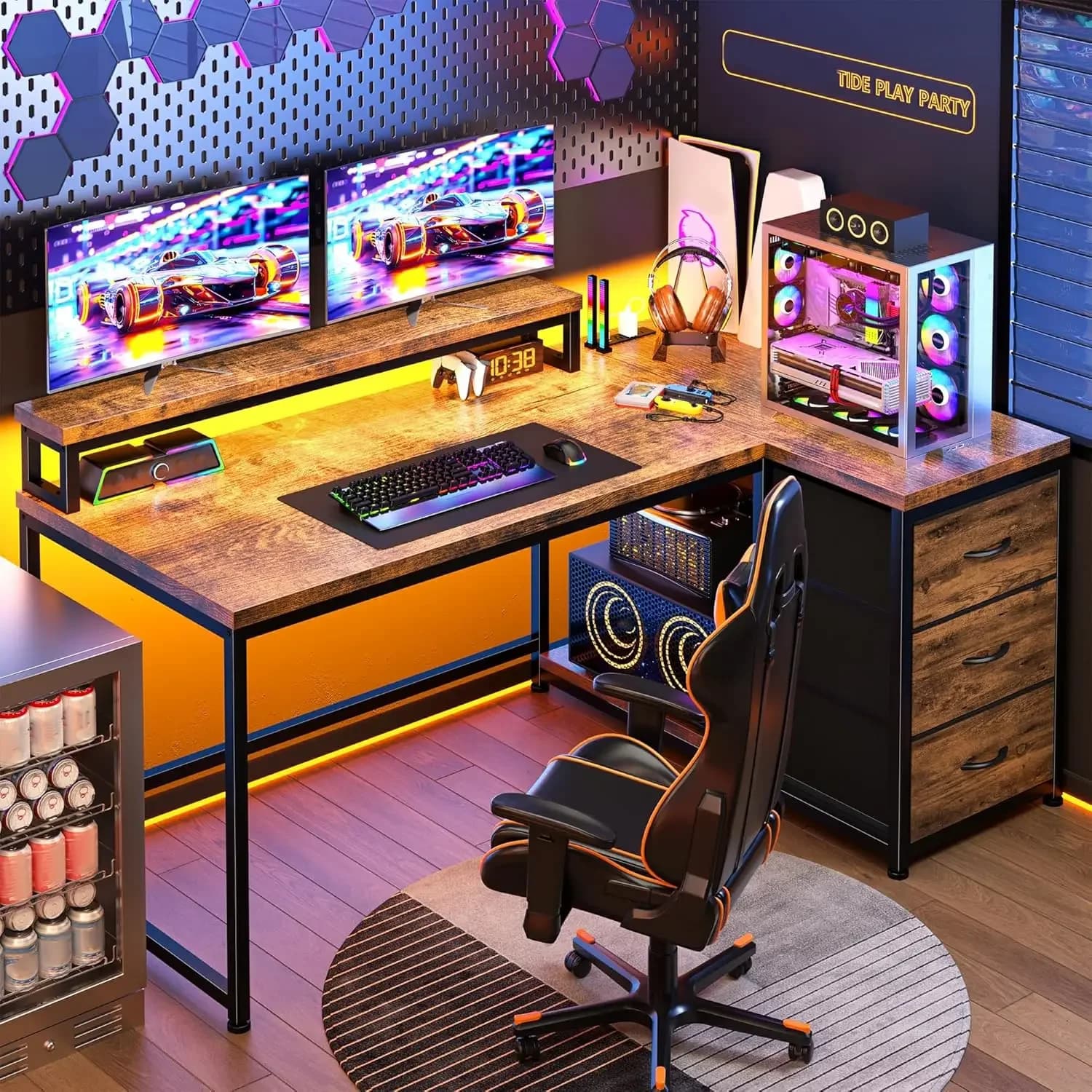L Shaped Gaming Desk with Monitor Stand & 3 Drawers, 48 Inch Computer Desk with Power Outlet
