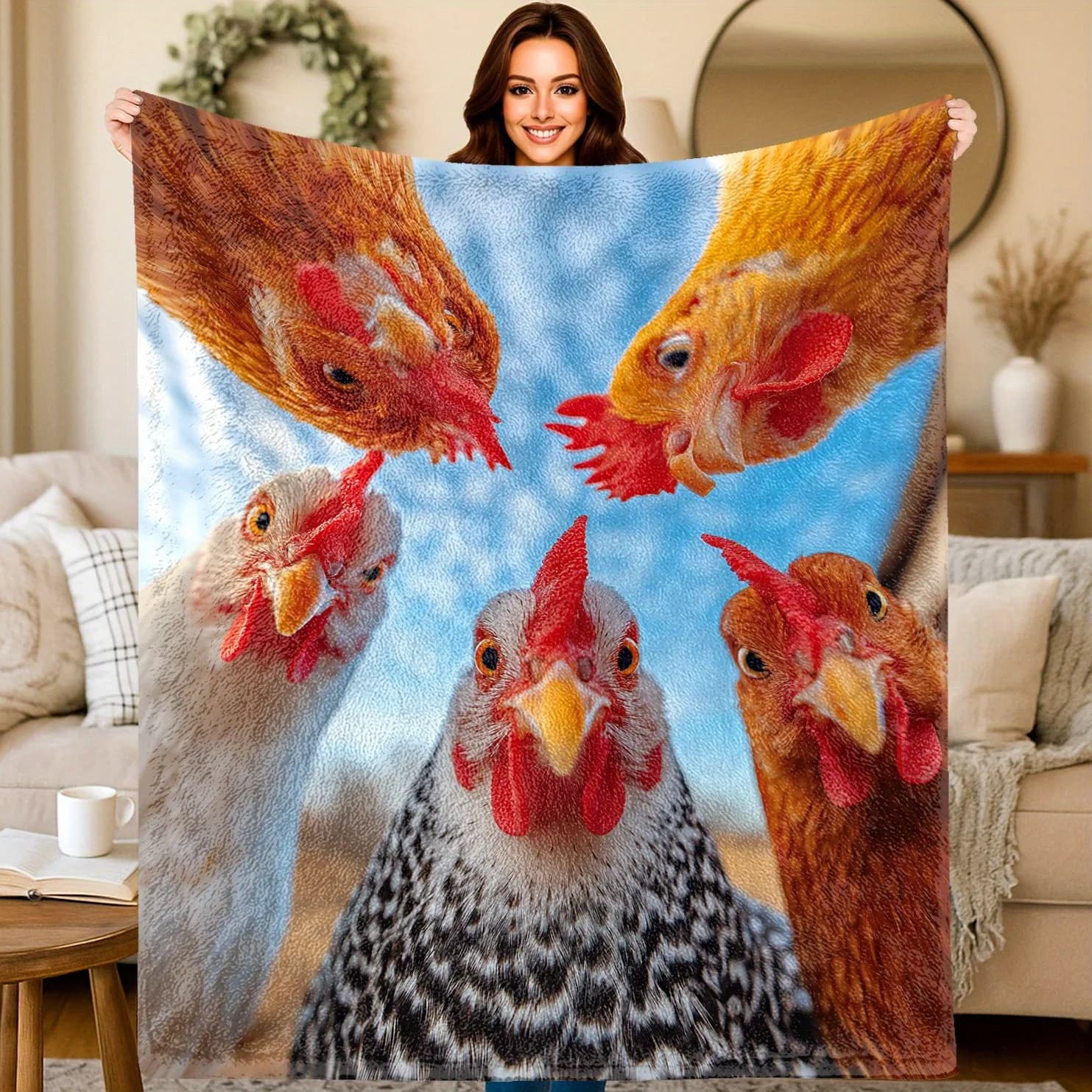 Divertente Coperta in Flanella con Faccia di Pollo 3D, Morbida e Calda Coperta con Stampa di Animali da Fattoria per Divano, Camera da Letto e Arredamento Casa