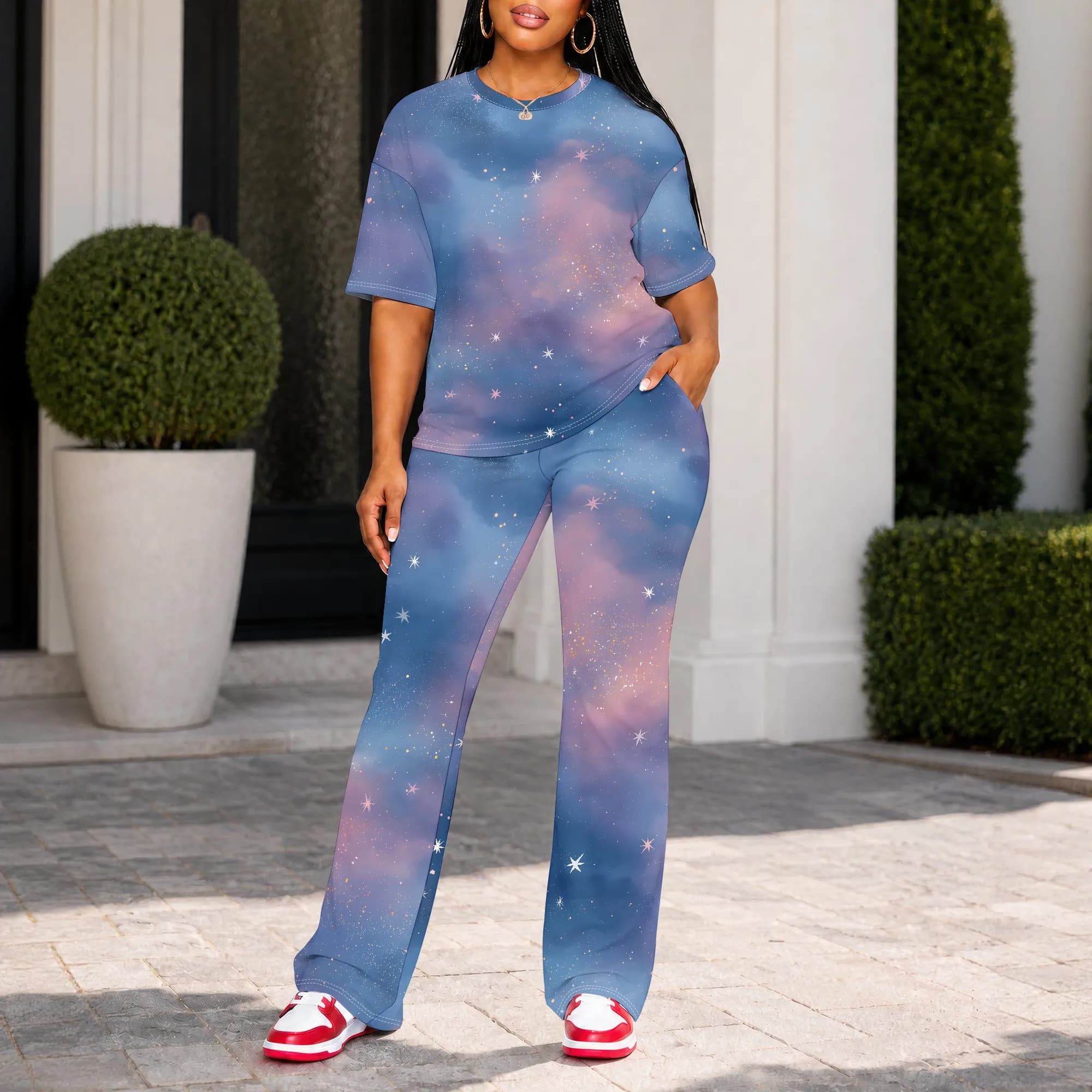 Galaxy Print Short Sleeve Top And Pants Set, Space Star Pattern Loungewear, Cosmic Nebula Pajamas For Women, S-2XL