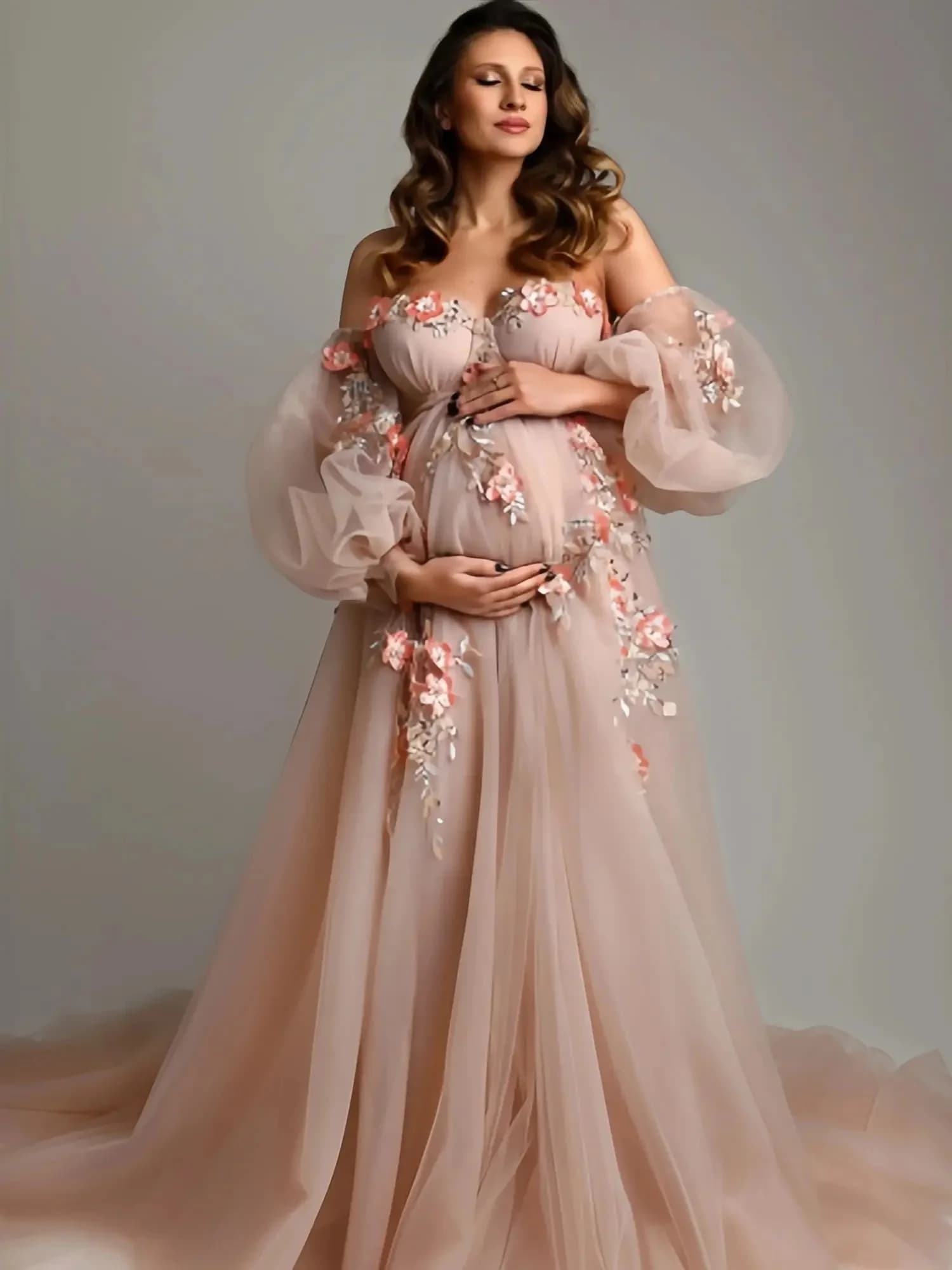 Affascinanti abiti premaman rosa con spalle scoperte Sweep Train maniche lunghe Abito fotografico Applicazioni personalizzate Abiti da donna incinte