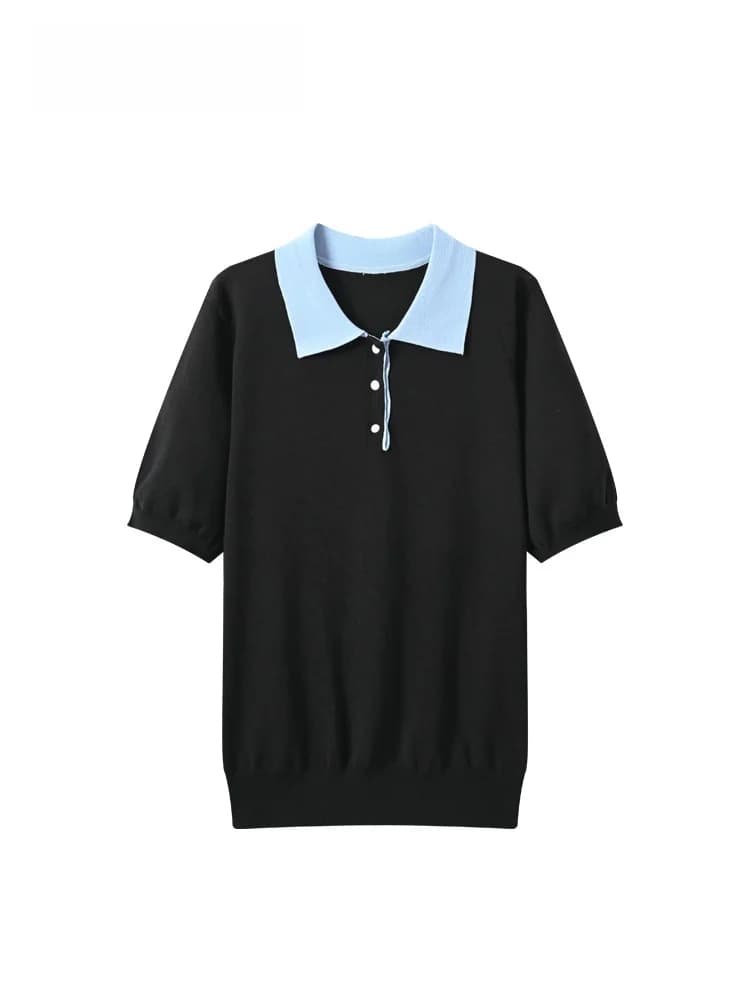 plus Size Women's Short Sleeve Neck T-Shirt Korean Style Summer Fashion Meat Concealing Knitted Loose Fit Single Button