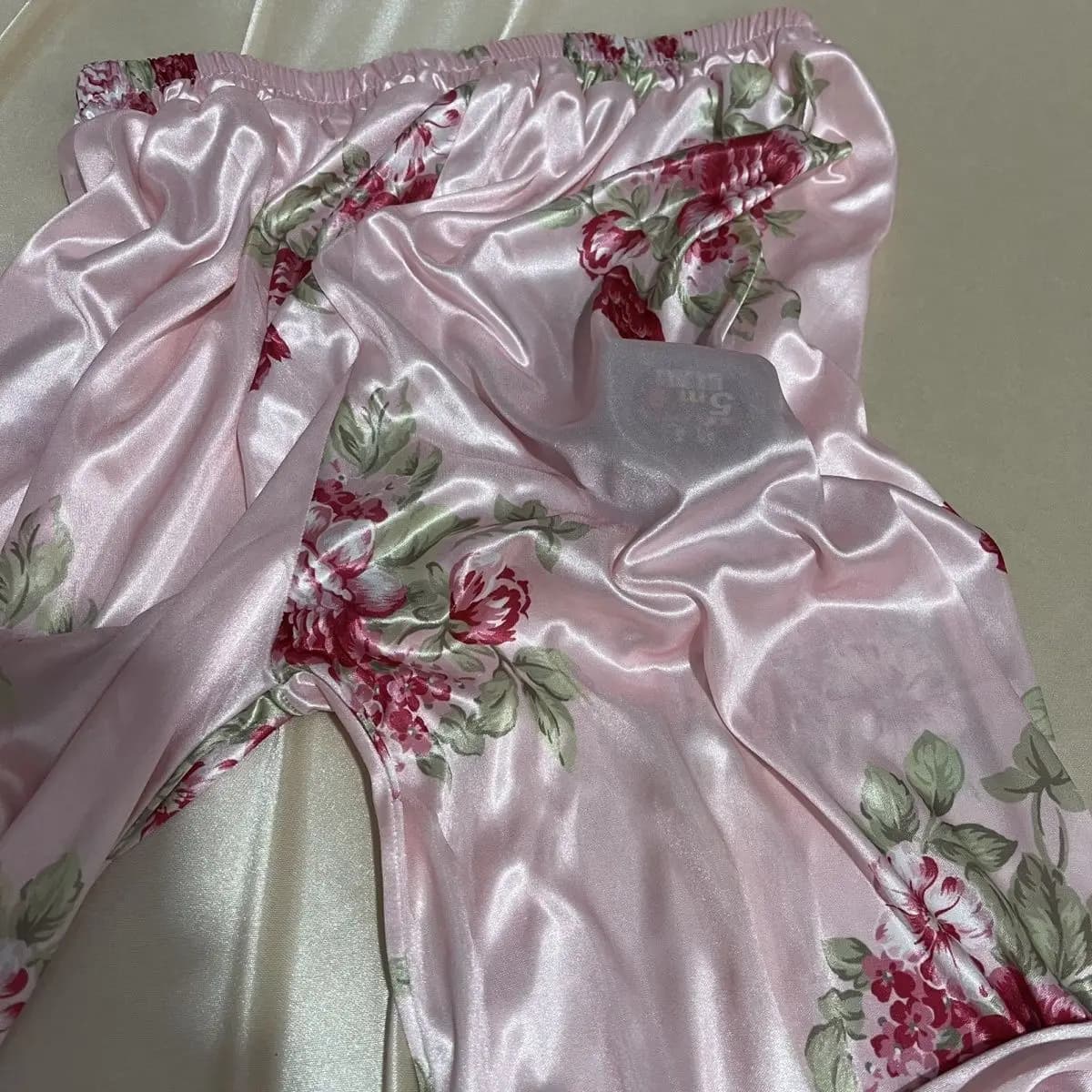 Plus Size Pink thin Floral Ice Silk Glossy Lantern Pants See Through Silky Smooth Ruffled Loose Trousers Sexy pajamas Men Women