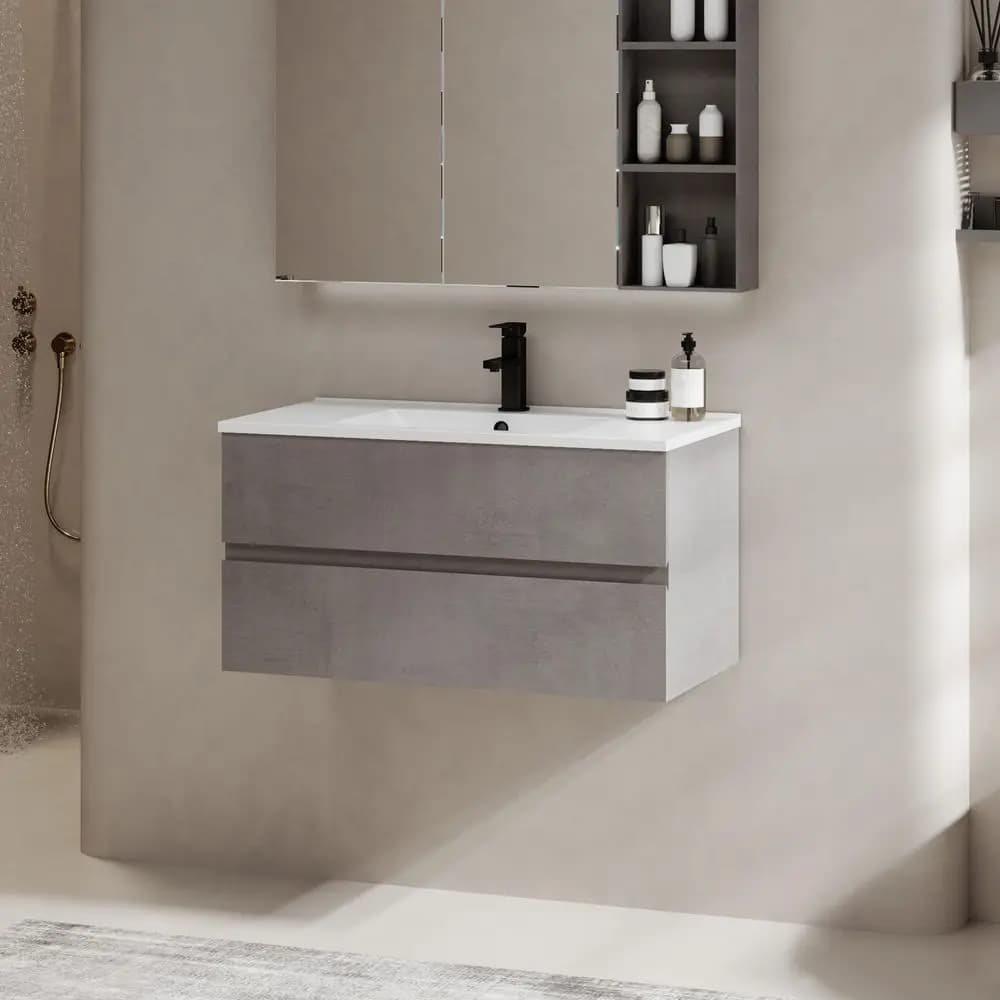 Mobile bagno sospeso da parete con lavabo integrato, mobiletto contenitore bagno con maniglie invisibili smussate, 2 cassetti