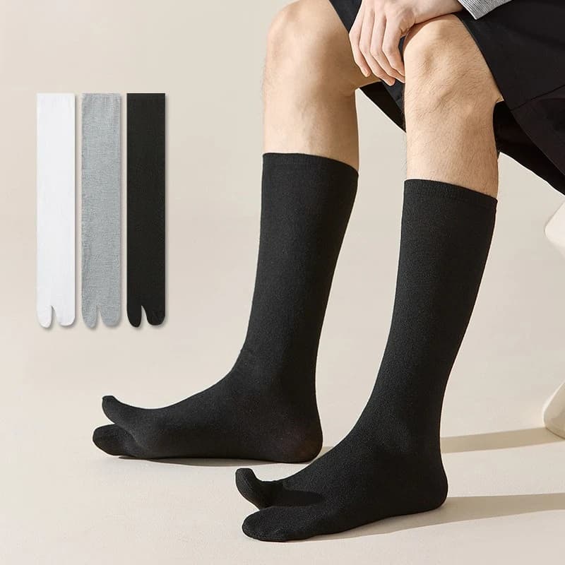 Men's Cotton Knitted 2 Toe Socks Japanese Style Flip Flop Sandal Tabi Sock Business Casual Solid Color Mid-Tube Split Toe Socks