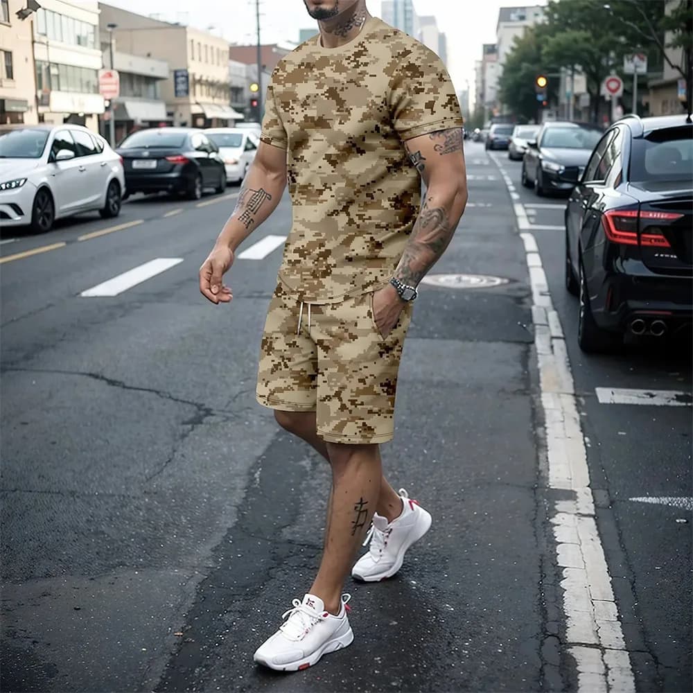 Men T-shirt Sets Tactical Camouflage 3d Print T-shirt+Shorts 2Pcs Set Outdoor Camo Tracksuit Suit Men Clothing Fitness Running