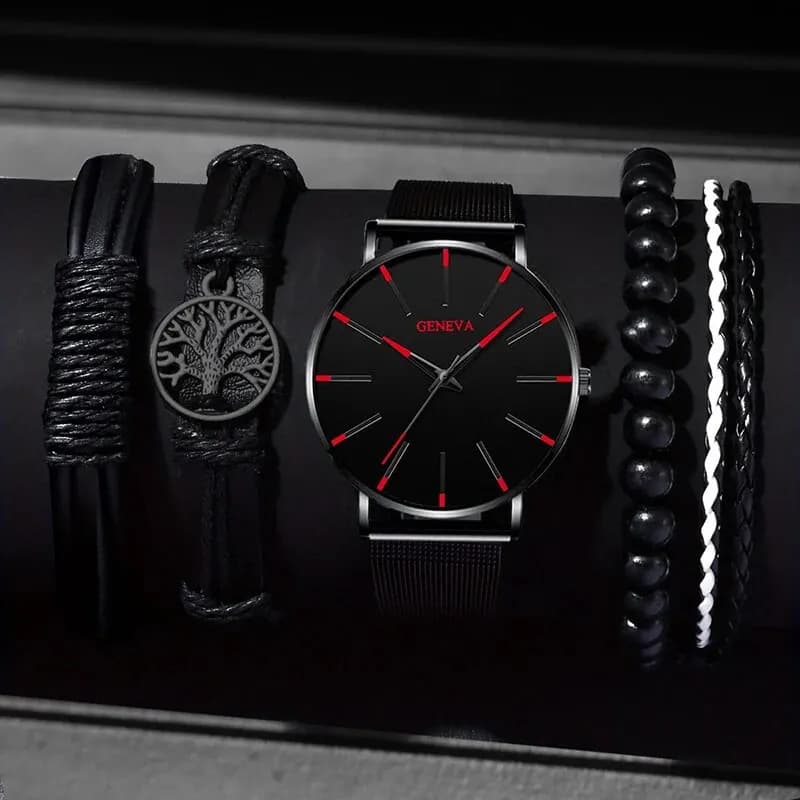 5pcs orologio al quarzo con cintura In maglia di acciaio inossidabile nero di lusso con bracciale per uomo orologio rotondo moda Casual In orologi sportivi quotidiani