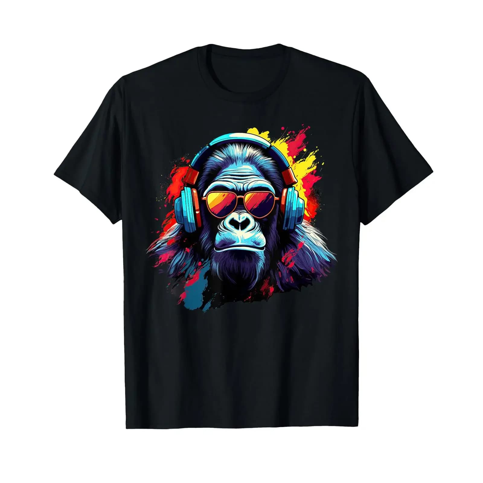 Maglietta DJ Monkey con cuffie e occhiali da sole, per feste musicali, nera vintage, lavata, unisex, traspirante, elasticizzata, elegante
