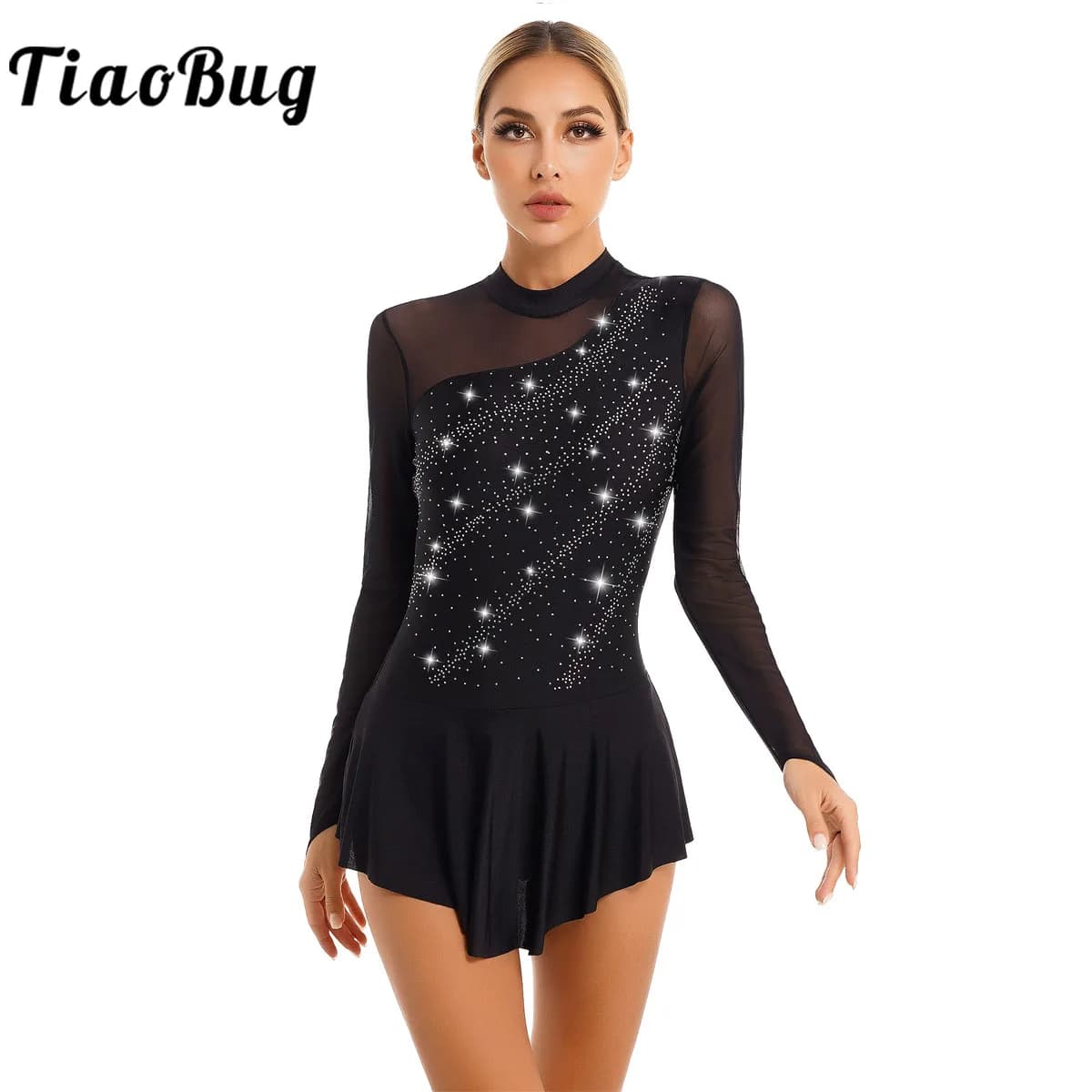 Costume da ballo da competizione con giunture in rete a maniche lunghe con strass da donna, vestito da pattinaggio su ghiaccio