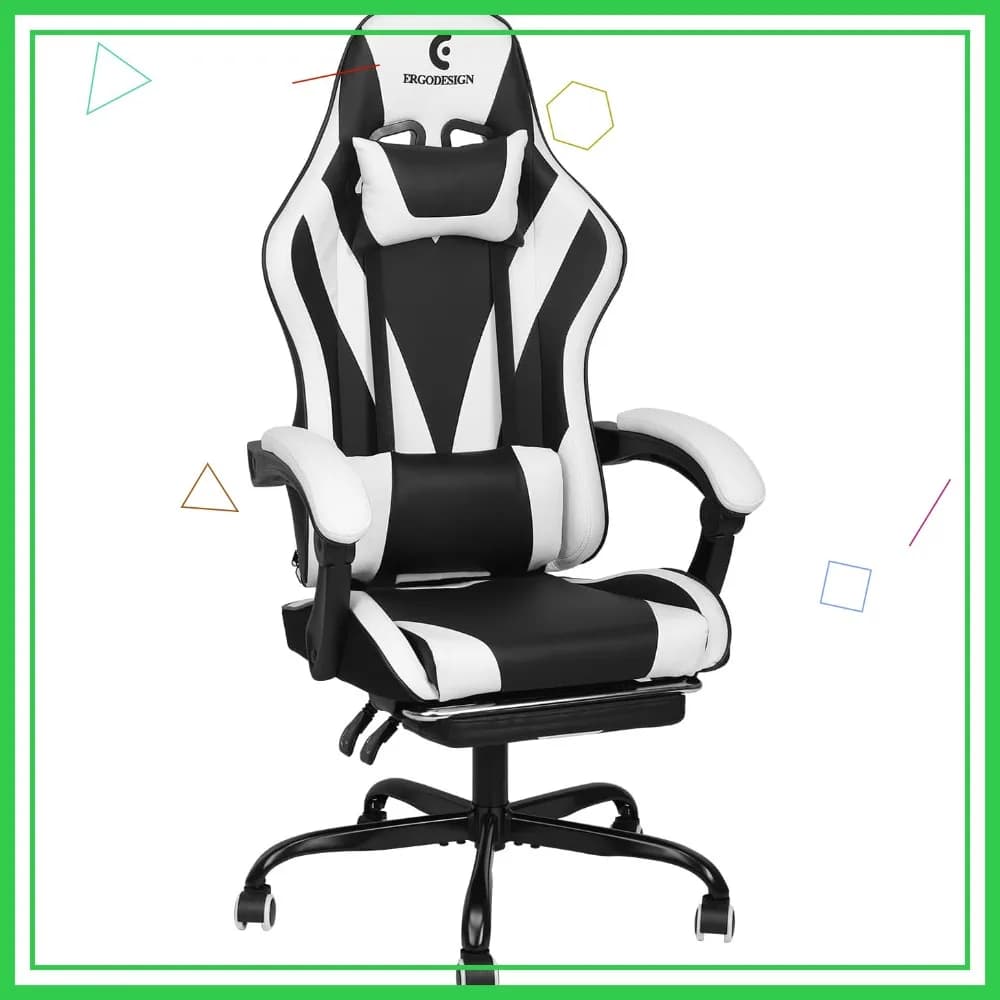 Sedia da Gaming Ergonomica con Braccioli e Poggiapiedi Regolabili, Supporto Lombare Alto per Comfort, Design Nero/Bianco