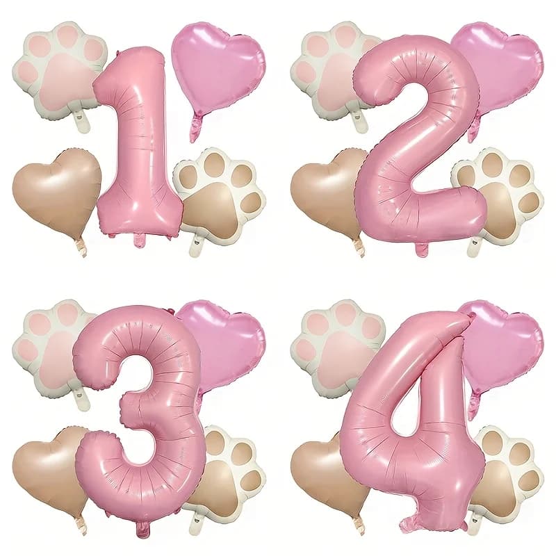 5 pz/set Animale Pawty Cane Gatto Zampa Palloncino In Alluminio 32 Pollici Rosa Numero 1-9 Decorazione Della Festa di Compleanno Palloncino Baby Shower