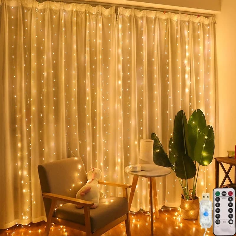 Luci a stringa per tende a LED Decorazione fata Lampada ghirlanda natalizia USB 8 modalità per la casa Giardino Festa di Natale Matrimonio di Capodanno