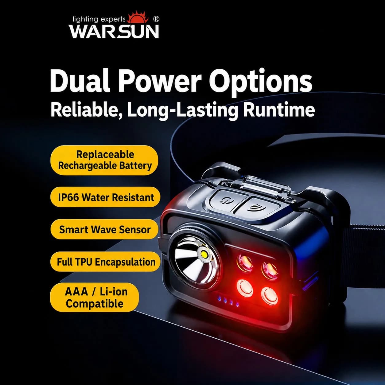 WARSUN WH12 Rechargeable Fishing Headlamp, Super Bright Long Runtime LED Headlight with Replaceable Battery and Motion Sensor fo
