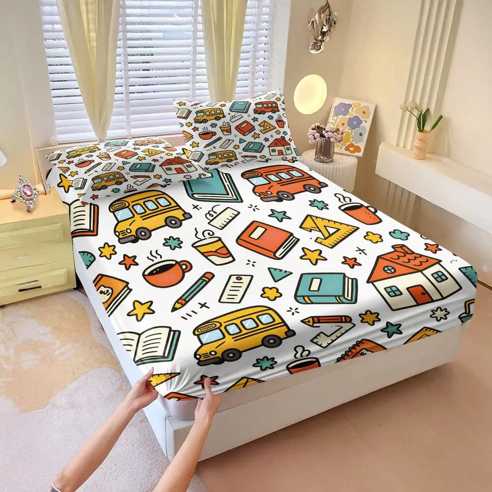 School Bus Stationery Fitted Sheet Set Bed Sheet Set Bedding Set No Fillers HD Print Stylish Bedroom Bed Cover