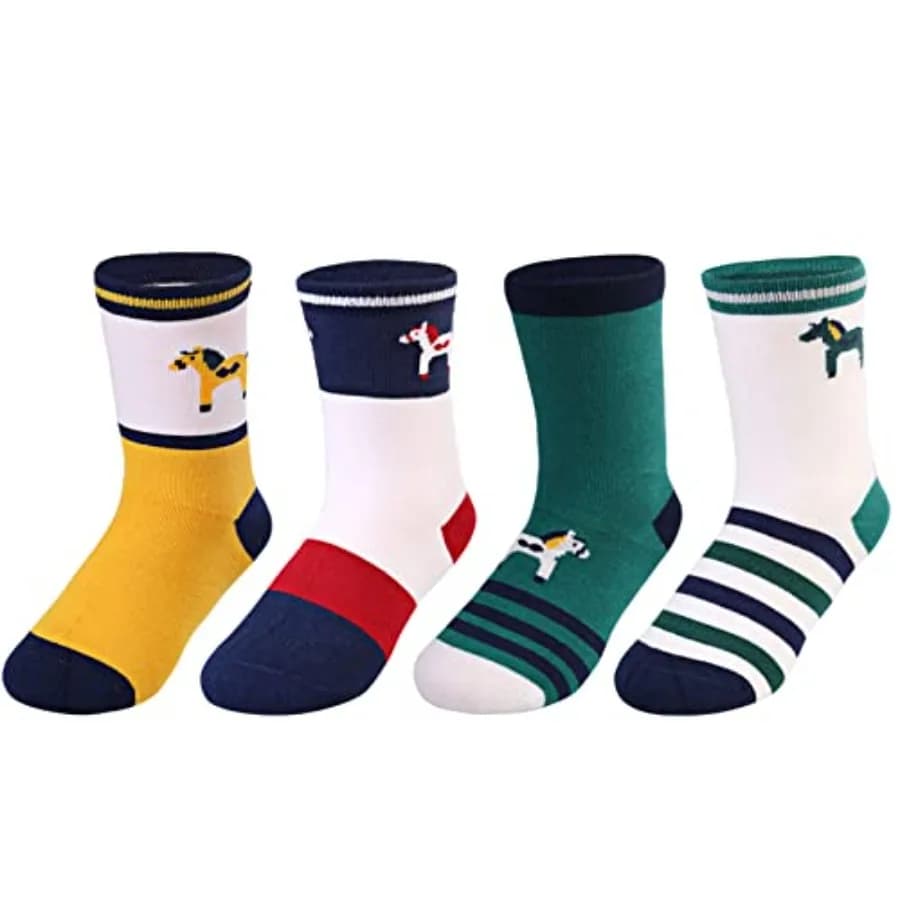 Harrison Howard Boys Funny Horse Socks, Soft Breathable Derby Socks, Cute Crew Socks, Gifts for Horse Lovers, 4 Pairs