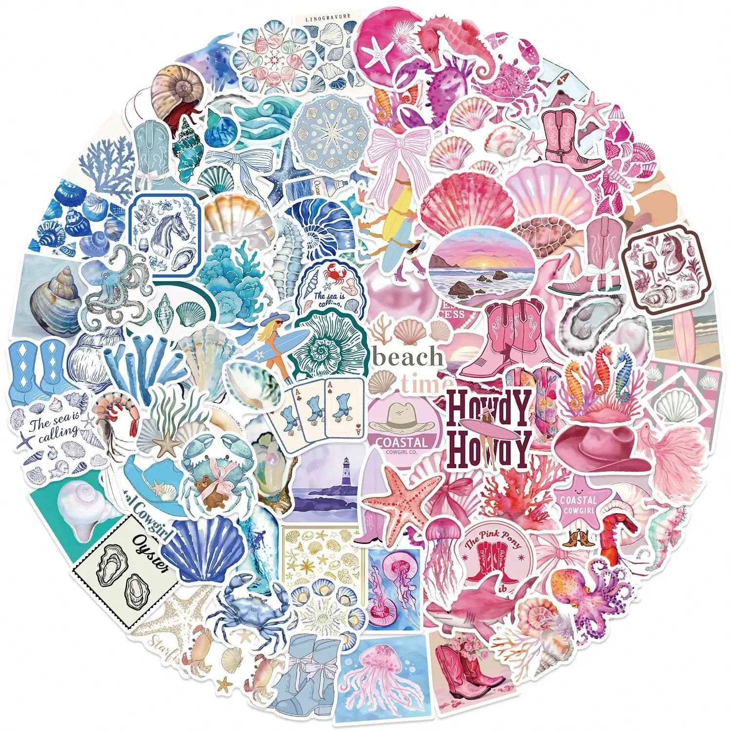 100pcs Pink & Blue Aesthetic Stickers, Summer Beach Stickers, Vacation Stickers, Pink Aesthetic Waterproof Vinyl Stickers For Water Bottles, Laptops, Computers, Phones, Luggage, Notebooks, Fridges, Headphones, Etc.