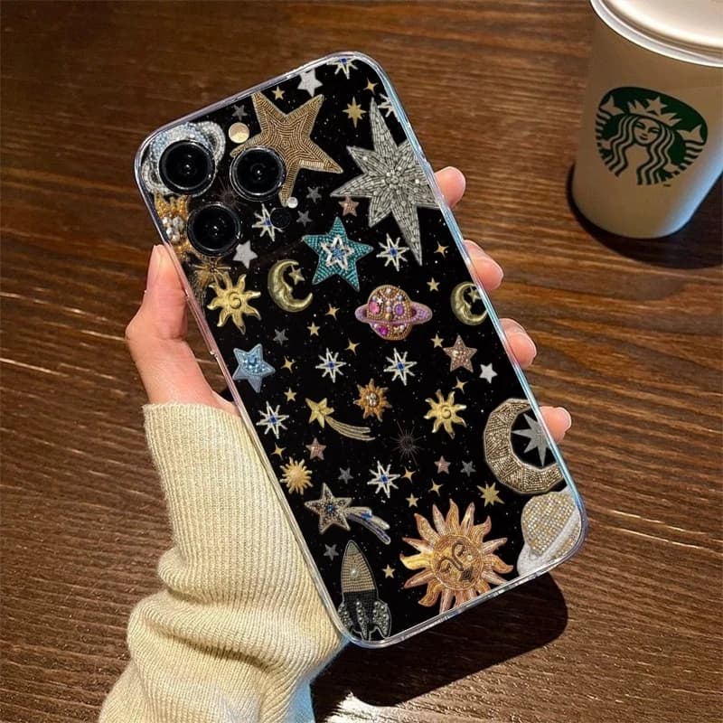 Cover Trasparente Antiurto Boho Celestial Stars per iPhone 17 Air 16E 16 15 14 11 Pro Max Plus 13 12 Mini 8 7 X