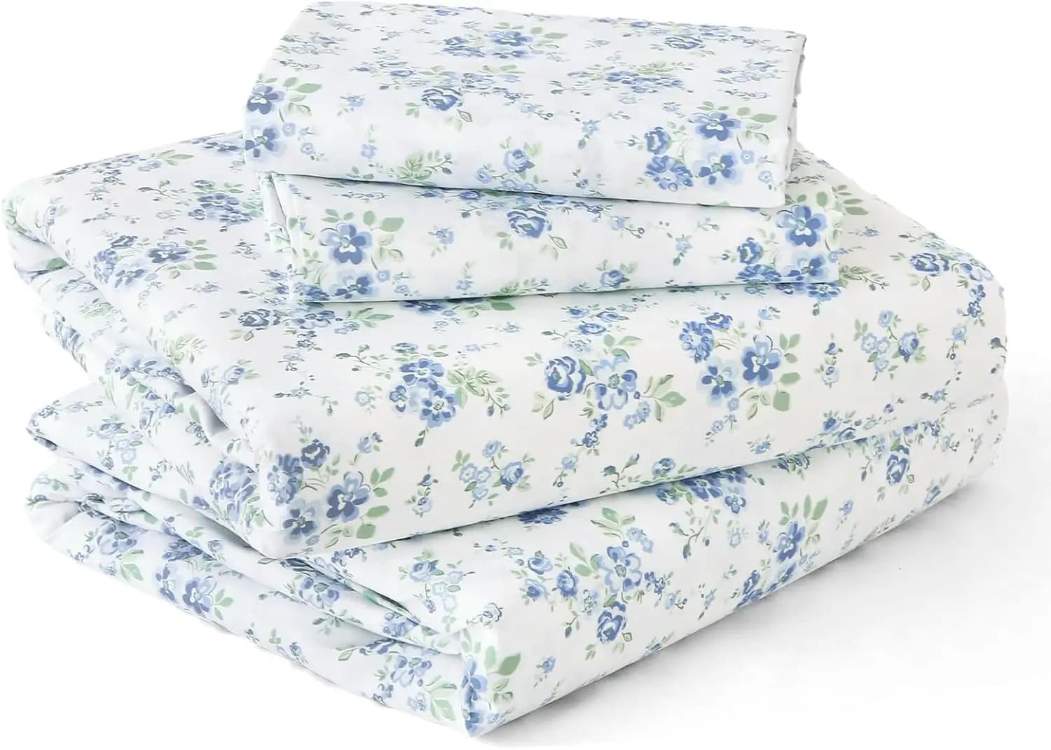 Set of Queen Size 4 pieces, soft and breathable with deep pockets up to 16 inches, anti-folding and refreshing - Blossoms Light Blue